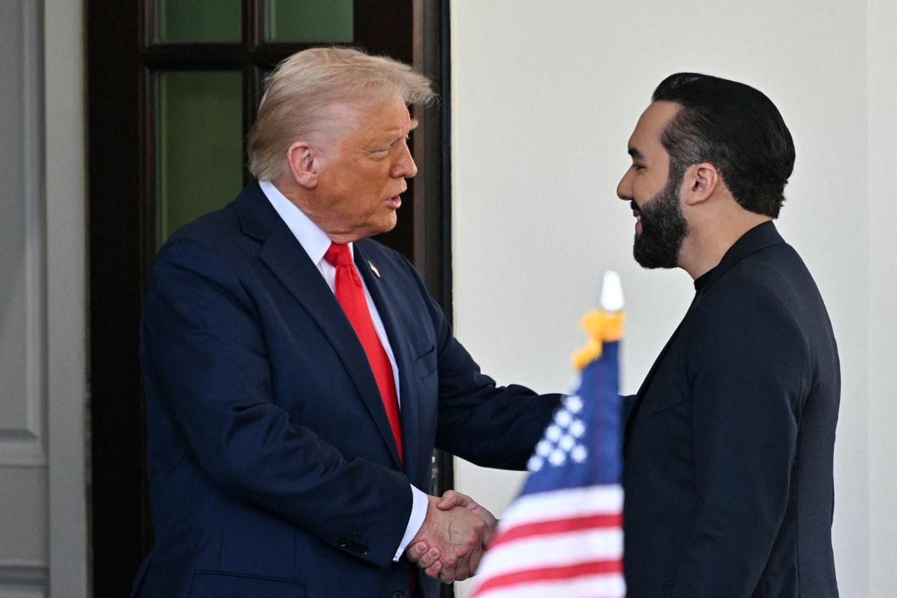 President Donald Trump welcomes El Salvador's President Nayib Bukele upon arrival at the White House in Washington, DC, April 14.