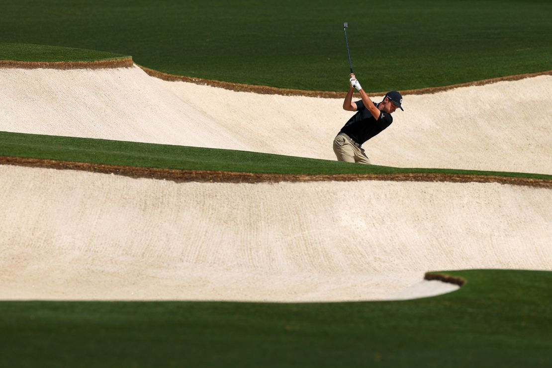 Justin Hastings plays a shot from a bunker on the eighth hole during the second round of the 2025 Masters Tournament at Augusta National Golf Club on April 11 in Augusta, Georgia.