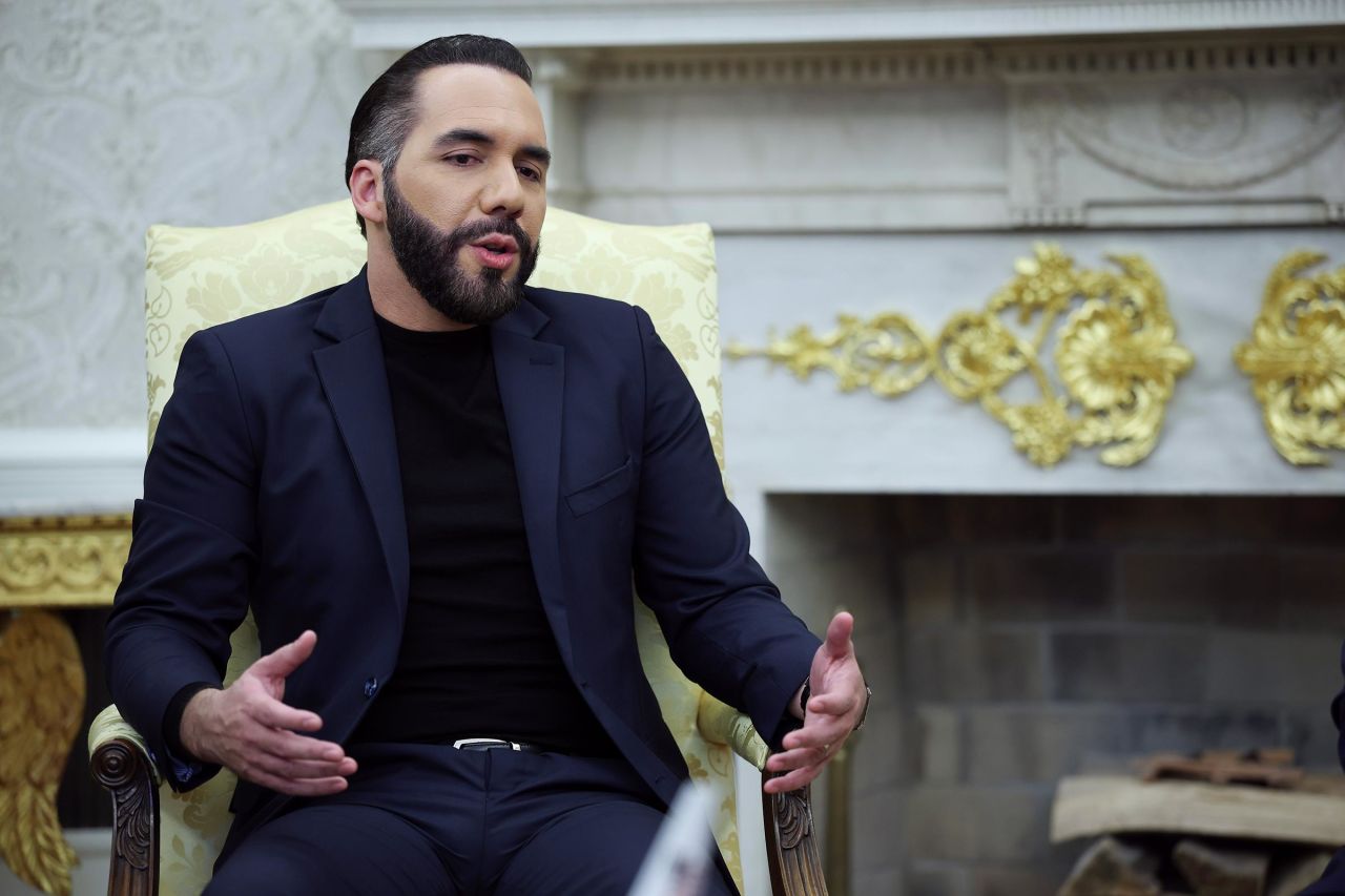 President Nayib Bukele of El Salvador meets with President Donald Trump in the Oval Office of the White House April 14, in Washington, DC.
