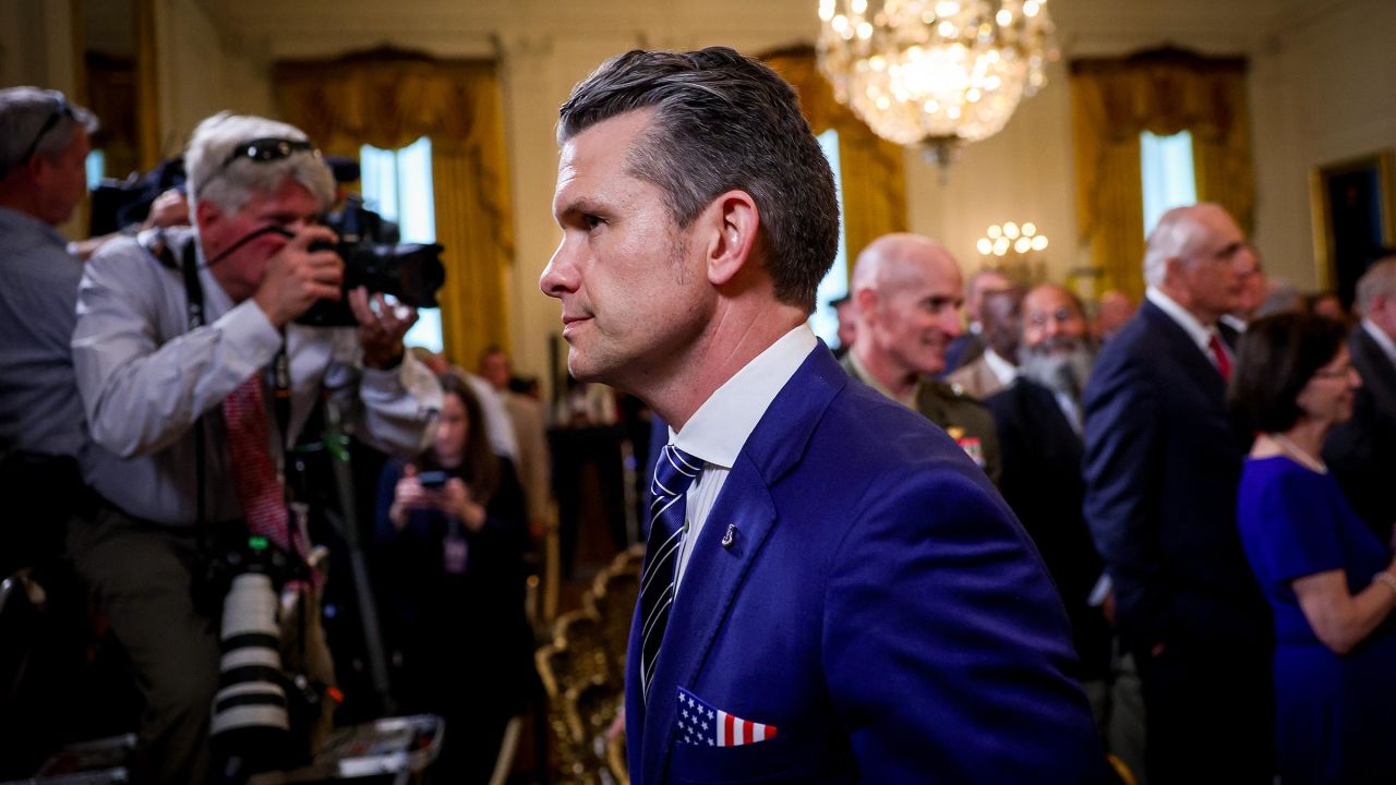 Secretary of Defense Pete Hegseth departs a presentation ceremony for the Commander-in-Chief Trophy to the Navy Midshipmen football team in the East Room of the White House April 15, in Washington, DC. 