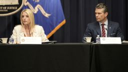 US Attorney General Pam Bondi speaks during a meeting alongside US Defense Secretary Pete Hegseth at the Department of Justice headquarters in Washington, DC, on April 22.