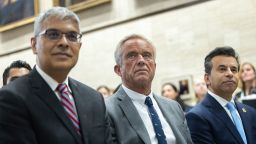 Health and Human Services Secretary Robert F. Kennedy Jr. is seen alongside Director of the National Institutes of Health Jay Bhattacharya and Commissioner of the Food and Drugs Administration Marty Makary at a news conference at the Health and Human Services Headquarters in Washington, DC on April 22.