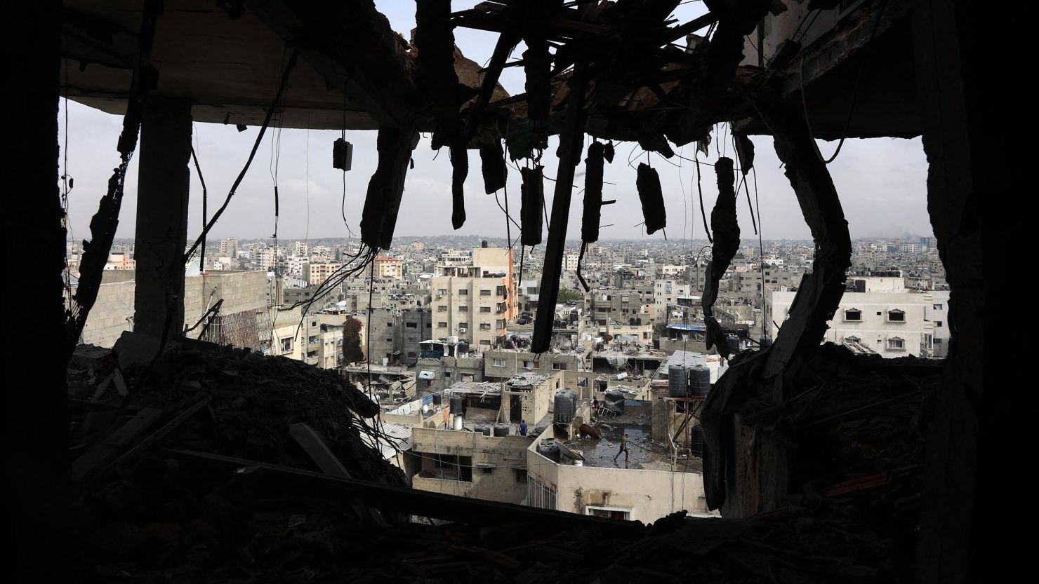 A picture shows a view from an apartment in a residential building that was hit in Israeli strikes in Gaza City's Yarmuk street on April 24.