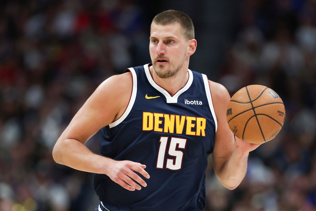 Nikola Jokic of the Denver Nuggets brings the ball up the court during the first quarter against the Los Angeles Clippers in Game Two of the Western Conference First Round NBA Playoffs at Ball Arena on April 21 in Denver, Colorado.