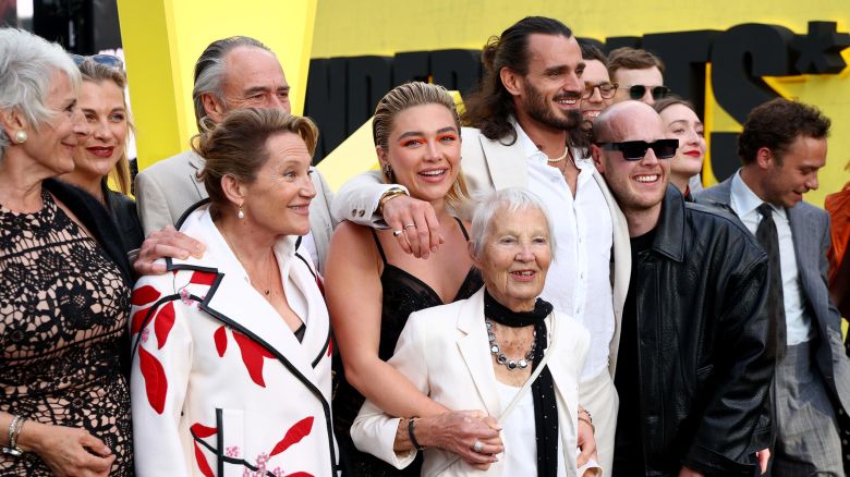 Florence Pugh with friends and family, including her grandmother Pat Mackin, at the European Premiere of Marvel Studios' 'Thunderbolts*' at Cineworld Leicester Square on April 22, in London.