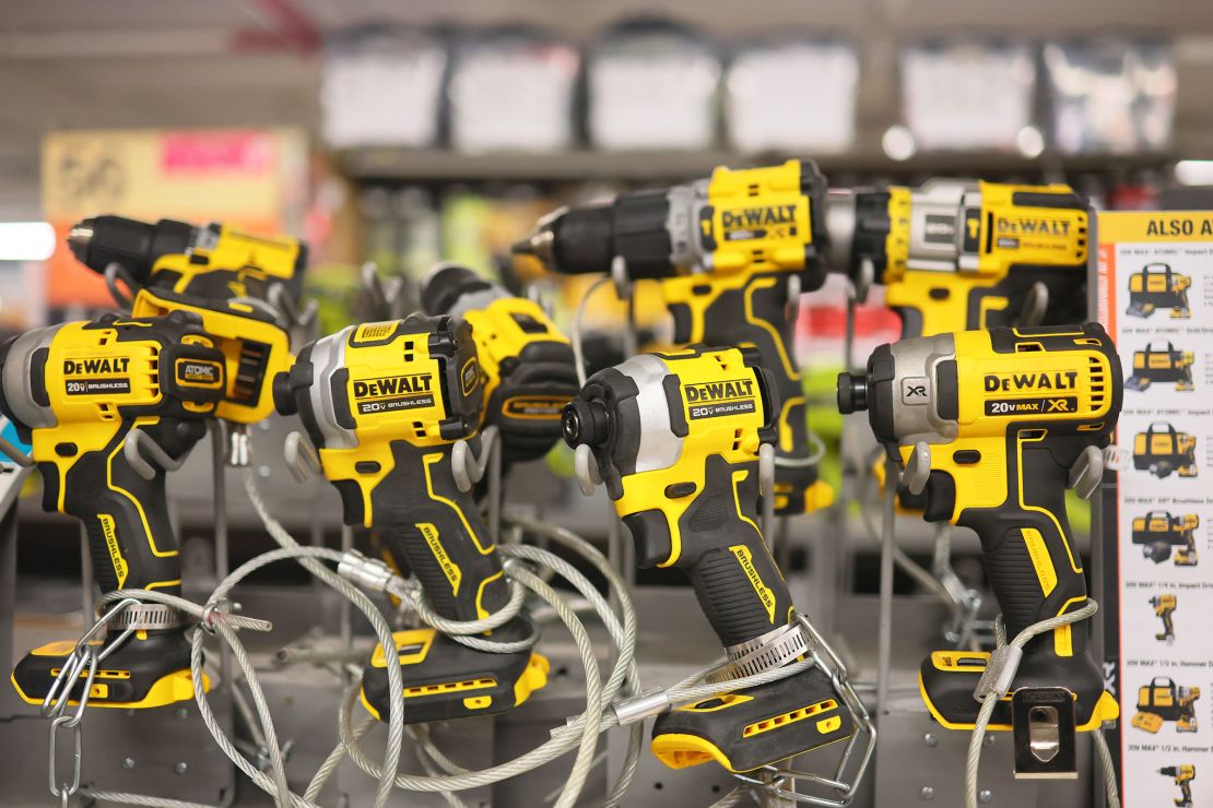 DeWalt power tools are displayed at a Home Depot on May 2, in New York City.