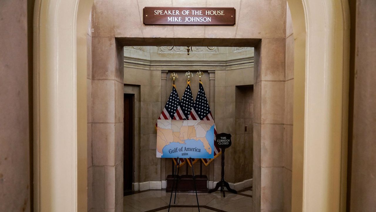 A sign showing the gulf is seen at the entrance to the office of US House Speaker Mike Johnson at the US Capitol in Washington, DC, on May 7. 