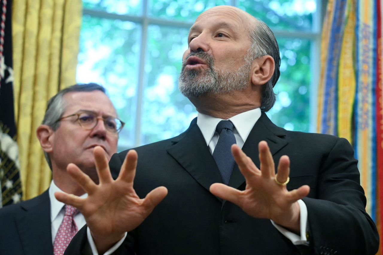 Secretary of Commerce Howard Lutnick speaks as President Donald Trump makes a trade announcement in the Oval Office of the White House in Washington, DC, on May 8.