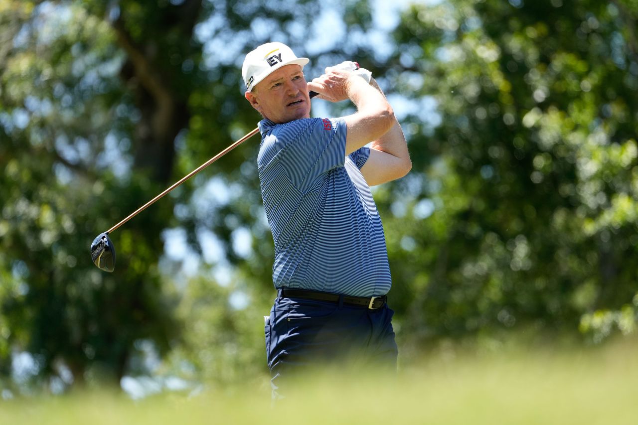 Ernie Els of South Africa plays his shot from the 11th tee during the third round of the Insperity Invitational 2025 at The Woodlands Golf Club on May 4 in Texas.