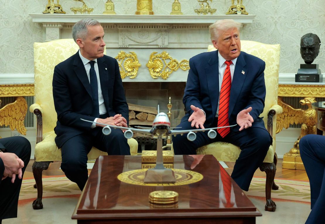 President Donald Trump meets with Canadian Prime Minister Mark Carney in the Oval Office at the White House on May 6 in Washington, DC. 