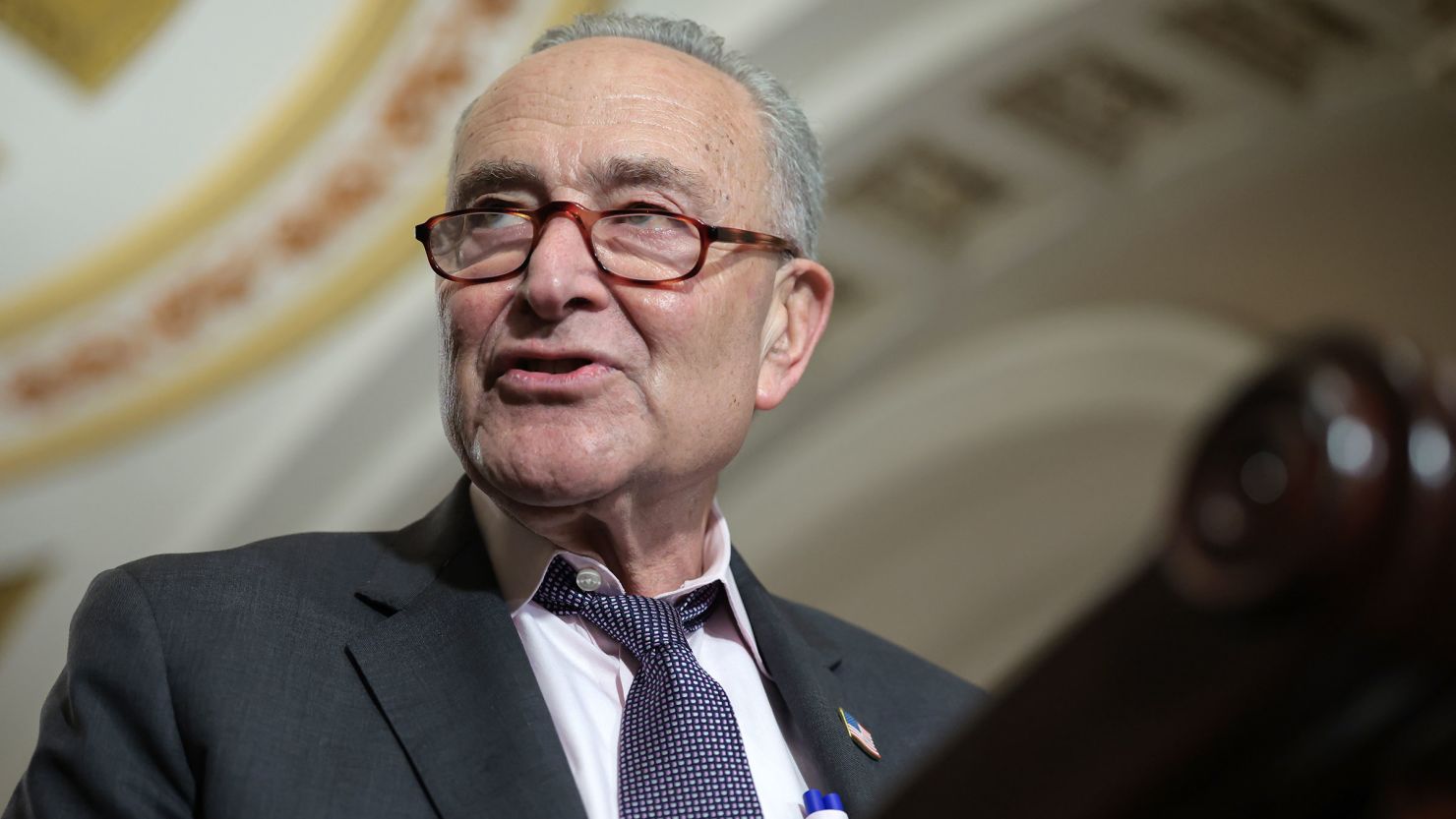 Senate Minority Leader Chuck Schumer speaks to reporters following the weekly Democrat Senate policy luncheon at the US Capitol on May 6 in Washington, DC.