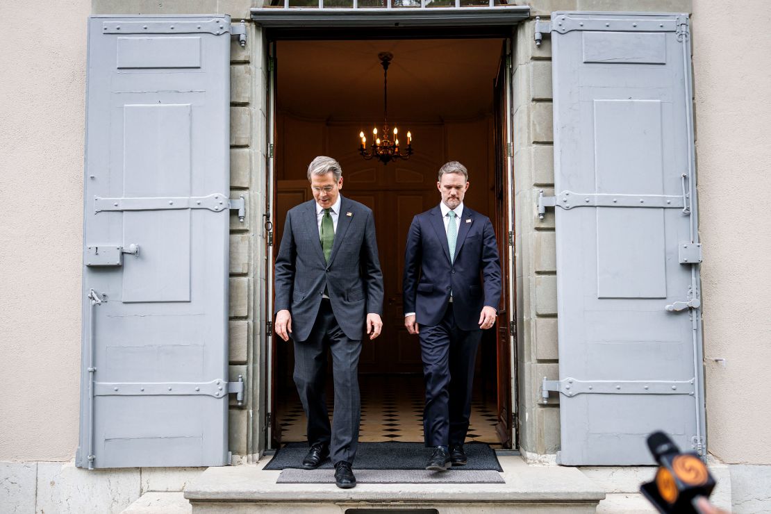 Treasury Secretary Scott Bessent, left, and US Trade Representative Jamieson Greer arrive to deliver a statement after talks between seniors US and Chinese officials on tariffs at the residence of the permanent Swiss ambassador to the United Nations in Geneva on May 11.
