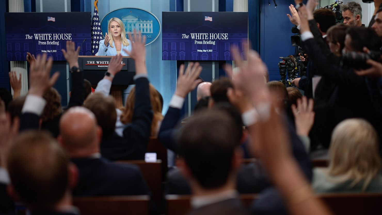 White House Press Secretary Karoline Leavitt talks to reporters during a news conference in the Brady Press Briefing Room at the White House on May 9, in Washington, DC.