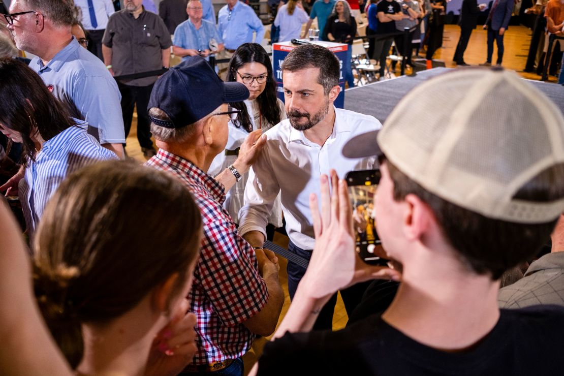 Pete Buttigieg greets people during a town hall hosted by VoteVets at the Veteran's Memorial Building in Cedar Rapids, Iowa on Tuesday.