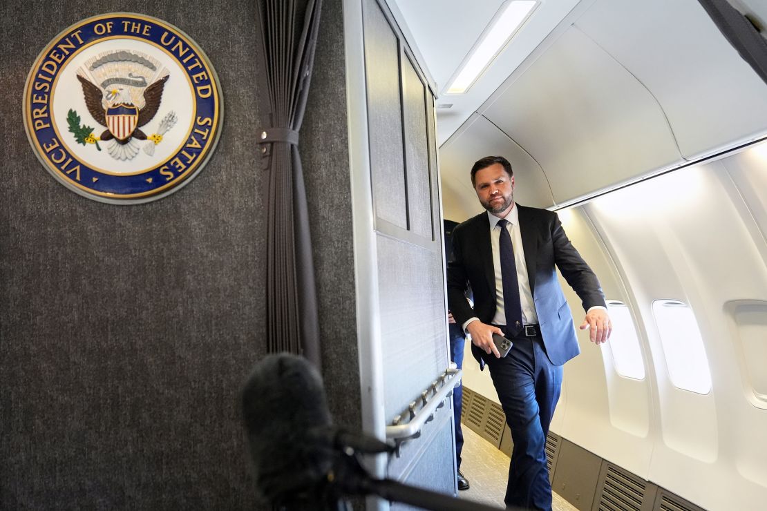 US Vice President JD Vance arrives to talk to reporters on board Air Force Two at Leonardo da Vinci International Airport on May 19, 2025 in Rome, Italy.