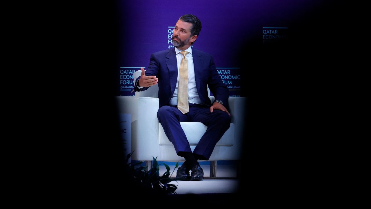 Donald Trump Jr. gestures during a session in the Qatar Economic Forum in Doha on May 21.