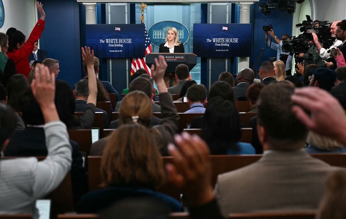 White House Press Secretary Karoline Leavitt takes question during the daily briefing in the Brady Briefing Room of the White House in Washington, DC, on May 22.