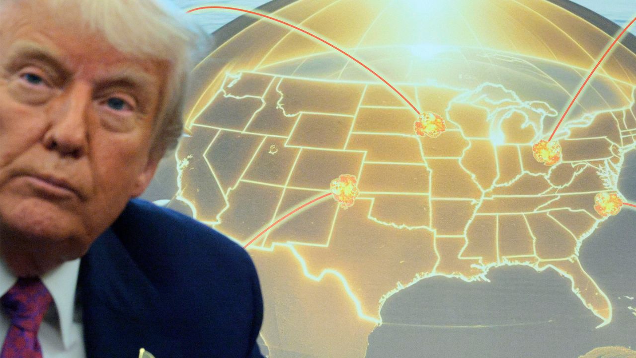 President Donald Trump speaks in front of a map of Trump's proposed "Golden Dome" missile defense system in the Oval Office at the White House on May 20 in Washington, DC.