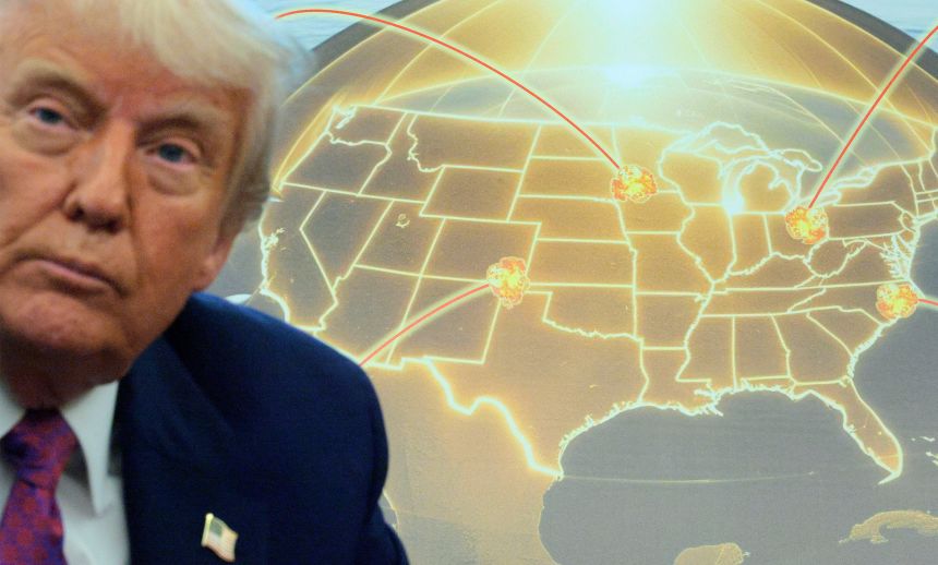 President Donald Trump speaks in front of a map of Trump's proposed "Golden Dome" missile defense system in the Oval Office at the White House on May 20 in Washington, DC.