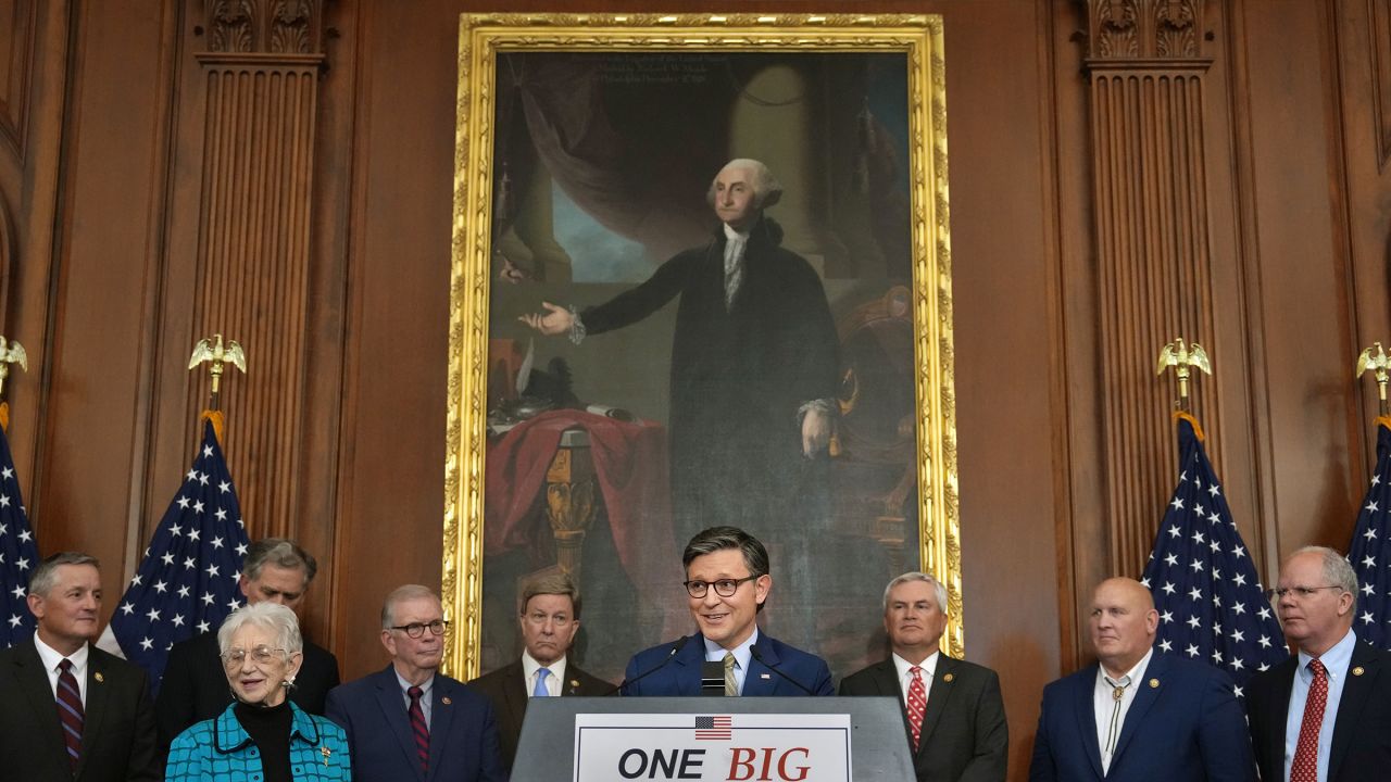 House Speaker Mike Johnson speaks to the media after the House narrowly passed a bill forwarding President Donald Trump's agenda at the US Capitol on May 22 in Washington, DC.
