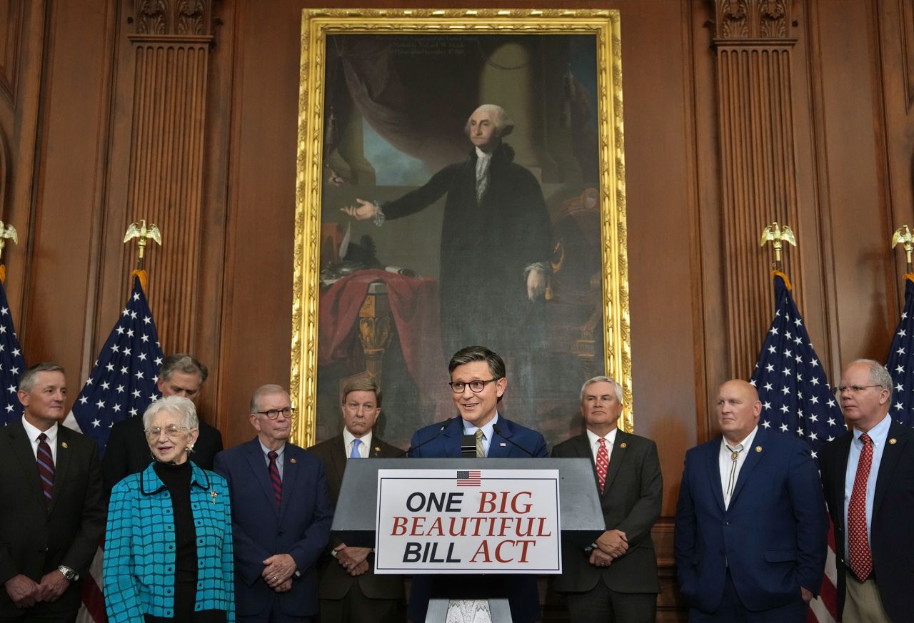House Speaker Mike Johnson speaks to the media after the House narrowly passed a bill forwarding President Donald Trump's agenda at the US Capitol on May 22 in Washington, DC.