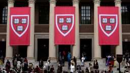 Harvard banners in front Widener Library during the 374th Harvard Commencement in Harvard Yard in Cambridge, Massachusetts, on May 29.