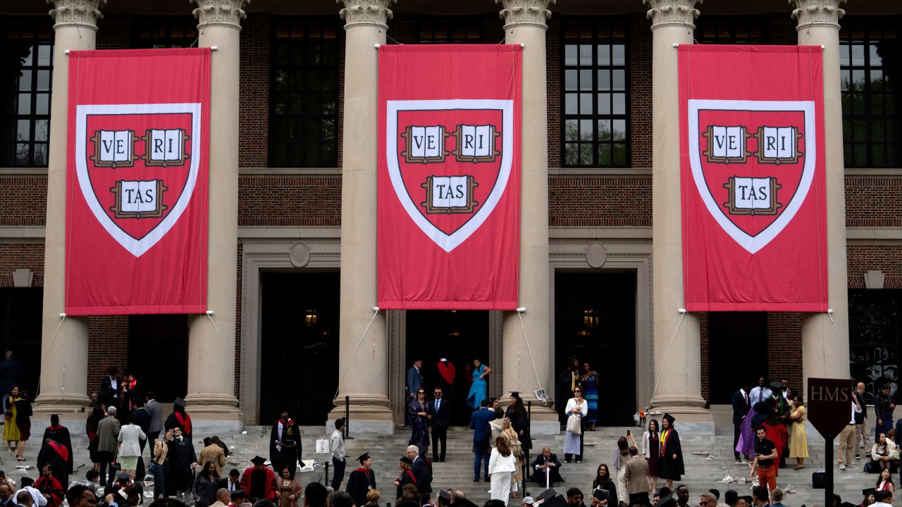 Harvard banners in front Widener Library during the 374th Harvard Commencement in Harvard Yard in Cambridge, Massachusetts, on May 29.