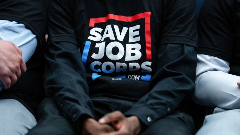 An attendee wears a Save Job Corps shirt during a House Committee on Education and Workforce hearing in Washington, DC, on June 5.
