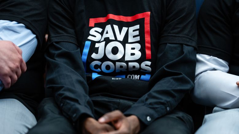 An attendee wears a Save Job Corps shirt during a House Committee on Education and Workforce hearing in Washington, DC, on June 5.
