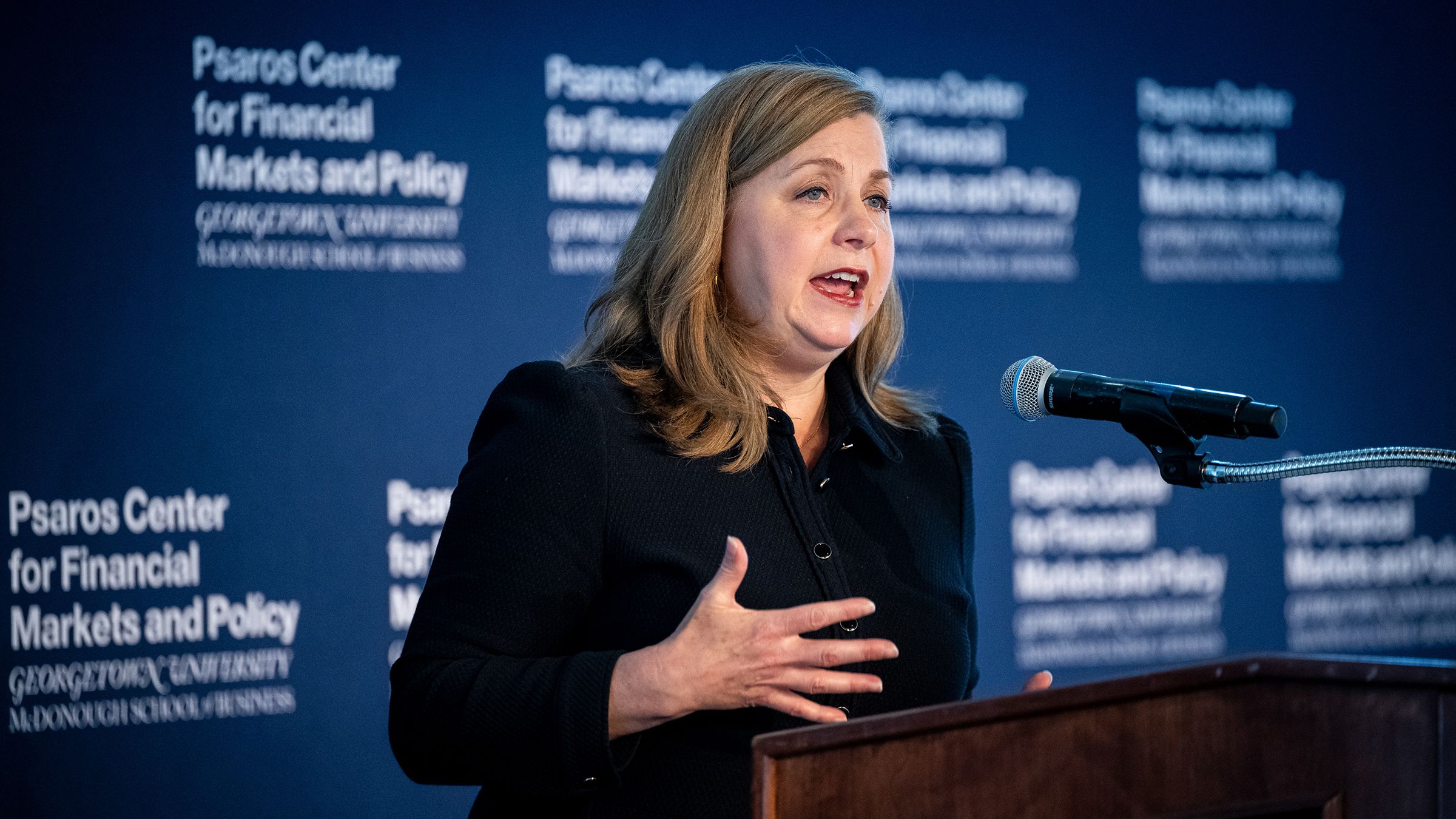 Michelle Bowman during a Psaros Center for Financial Markets and Policy event at Georgetown University in Washington, DC, on June 6.