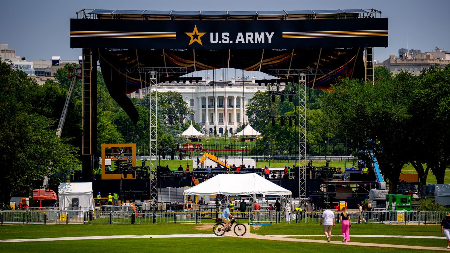 A US Army reviewing stand continues to be built in front of the White House ahead of the Army's 250th birthday parade and celebration on June 11 in Washington, DC.