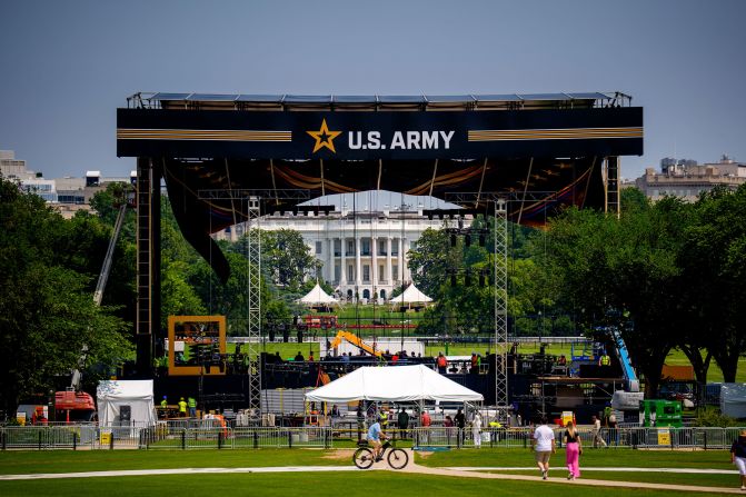 A US Army reviewing stand continues to be built in front of the White House ahead of the Army's 250th birthday parade and celebration on June 11 in Washington, DC.