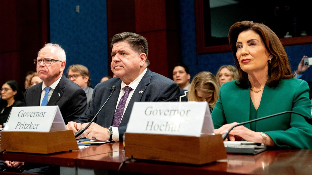 Minnesota Gov. Tim Walz, Illinois Gov. JB Pritzker and New York Gov. Kathy Hochul during a House Oversight and Accountability Committee hearing in Washington, DC, on June 12.