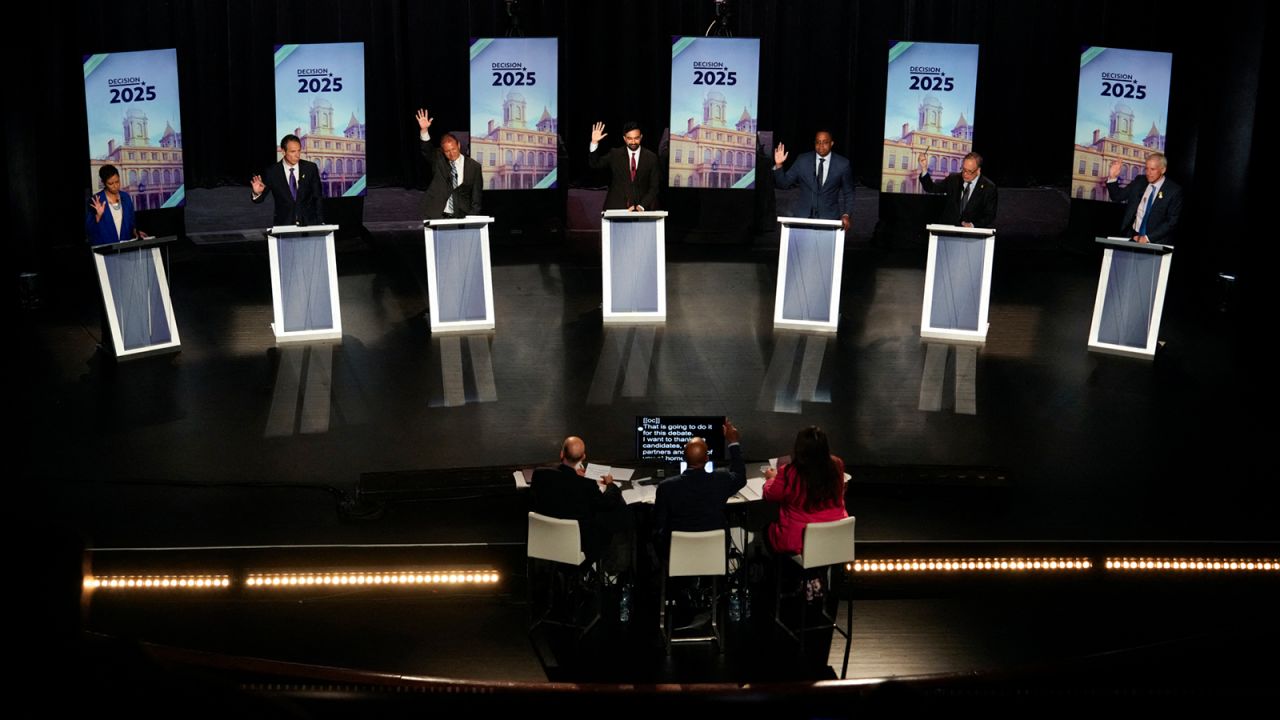 Democratic mayoral candidates City Council Speaker Adrienne Adams, former Gov. Andrew Cuomo, city Comptroller Brad Lander, state Assemblymember Zohran Mamdani, state Sen. Zellnor Myrie, former city Comptroller Scott Stringer and former hedge fund manager Whitney Tilson participate in the New York City Democratic Mayoral Primary Debate at the John Jay College of Criminal Justice in the Gerald W. Lynch Theater on June 12 in New York City.