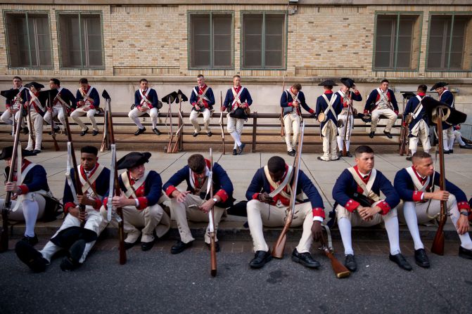 US Army soldiers dressed in historic uniforms ahead of the US Army's 250th Anniversary Parade in Washington, DC, on Friday, June 13.