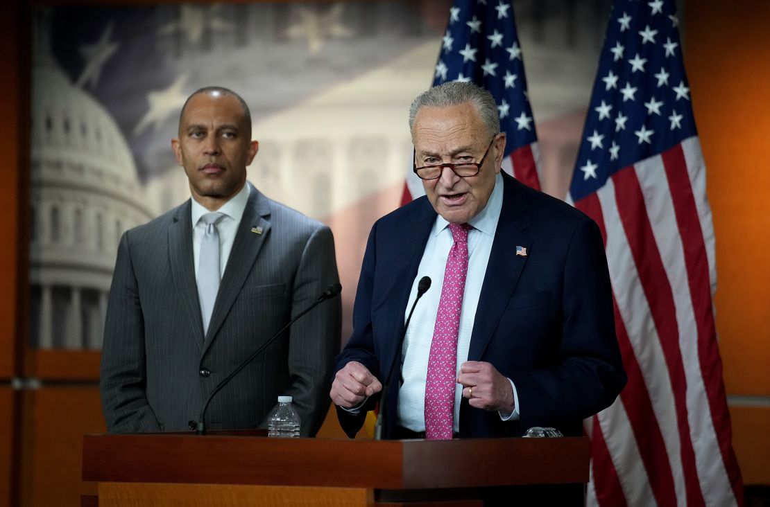 Senate Minority Leader Chuck Schumer and House Minority Leader Hakeem Jeffries speak at a press conference at the US Capitol on June 11 in Washington, DC.