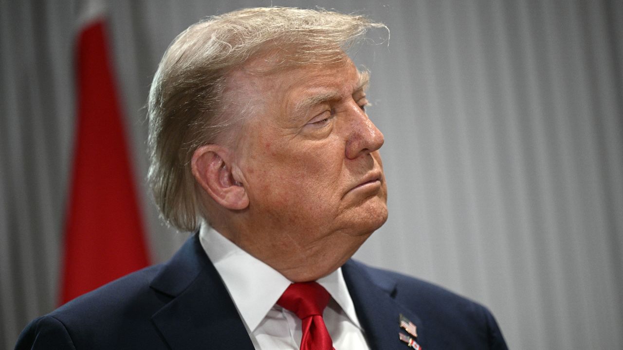President Donald Trump looks on as Canadian Prime Minister Mark Carney speaks as they meet during the Group of Seven Summit at the Pomeroy Kananaskis Mountain Lodge in Kananaskis, Alberta, Canada on June 16.