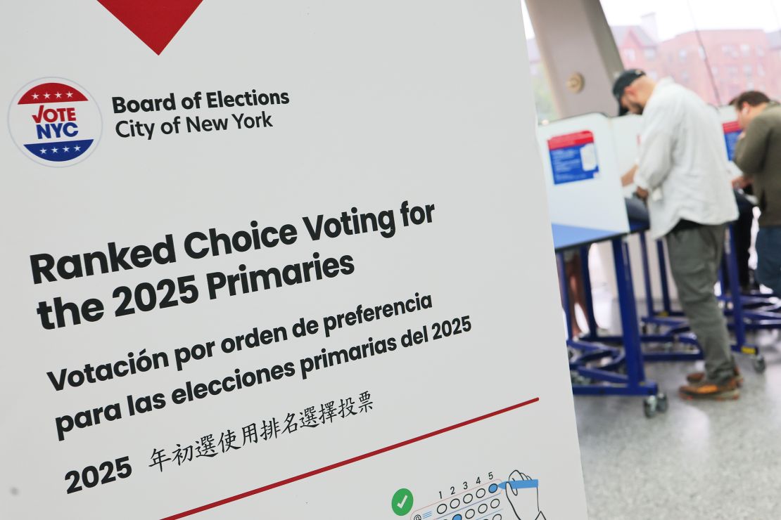 A voting sign is seen during the New York Primary elections at the Brooklyn Museum on June 17, in the Prospect Heights neighborhood of the Brooklyn borough in New York City.