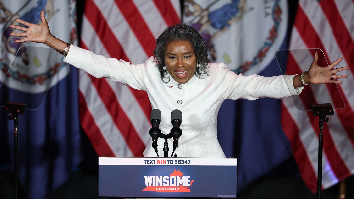 Virginia Republican gubernatorial candidate Lt. Gov. Winsome Earle-Sears speaks to supporters during a primary night rally at the Hippodrome Theater June 17, in Richmond, Virginia. 
