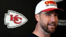 Travis Kelce of the Kansas City Chiefs talks with the media after a mandatory minicamp at The University of Kansas Health System Training Complex on June 18, in Kansas City, Missouri.