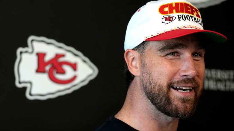 Travis Kelce of the Kansas City Chiefs talks with the media after a mandatory minicamp at The University of Kansas Health System Training Complex on June 18, in Kansas City, Missouri.