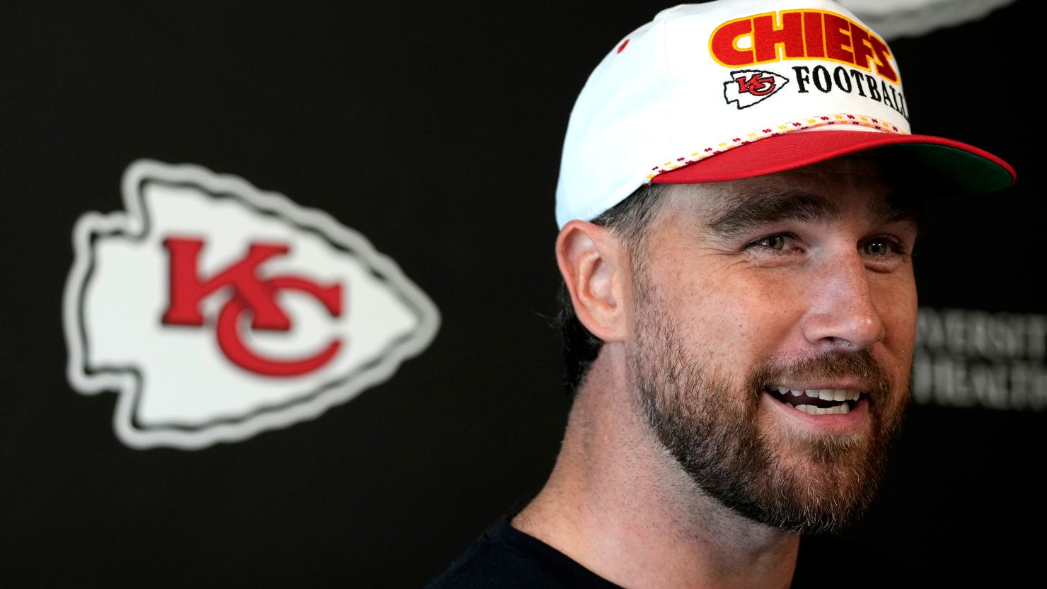 Travis Kelce of the Kansas City Chiefs talks with the media after a mandatory minicamp at The University of Kansas Health System Training Complex on June 18, in Kansas City, Missouri.