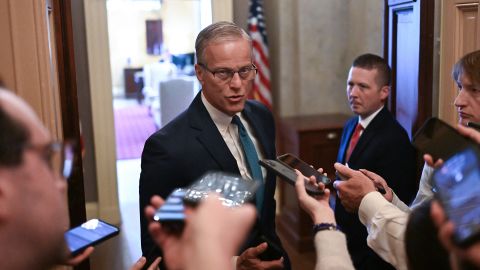 Senate Majority Leader John Thune, Republican of South Dakota, speaks to reporters at the US Capitol in Washington, DC, on June 27.