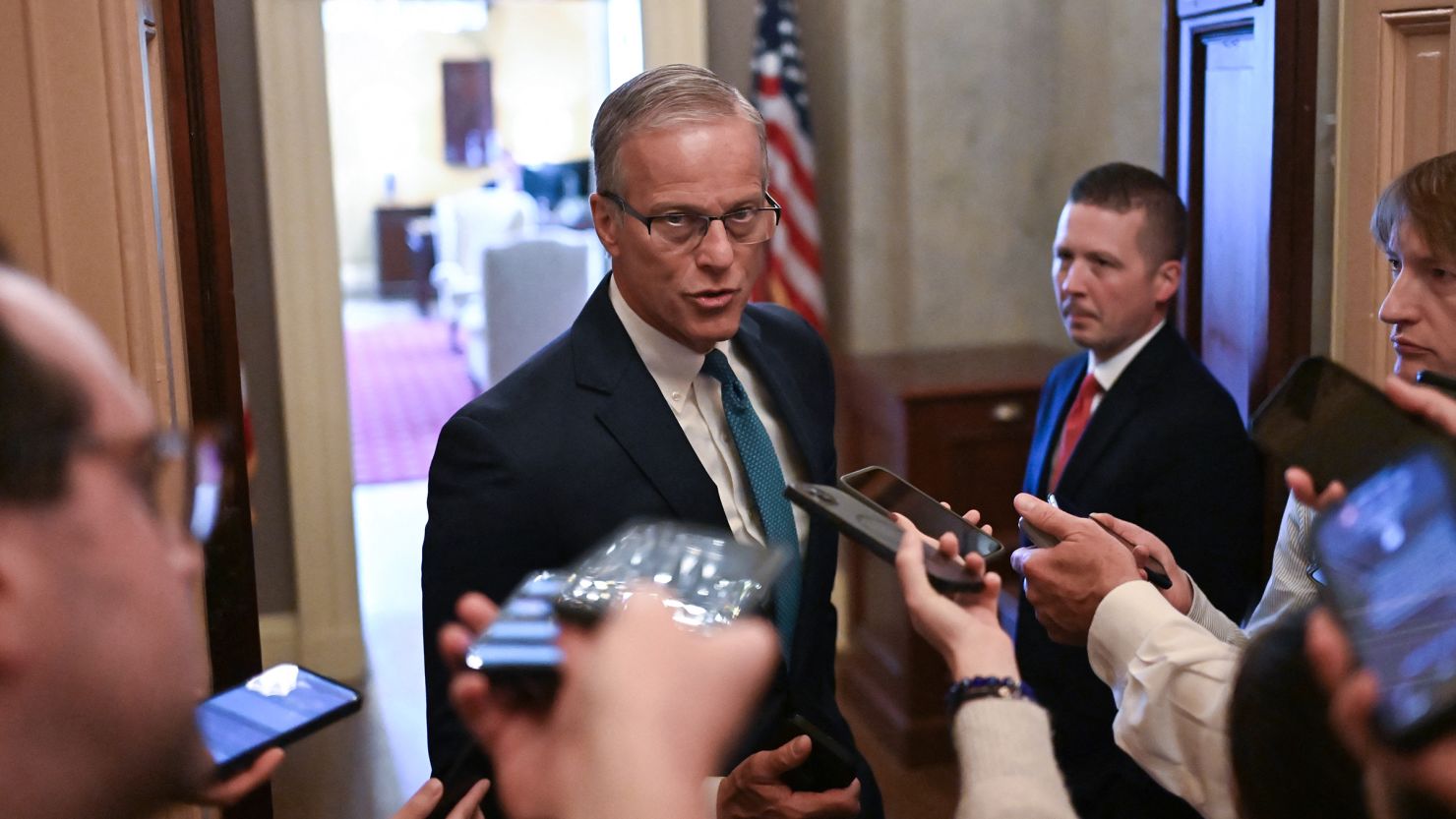 Senate Majority Leader John Thune, Republican of South Dakota, speaks to reporters at the US Capitol in Washington, DC, on June 27.
