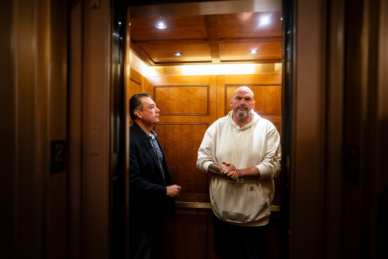 Sen. Alex Padilla and Sen. John Fetterman depart following a vote in the US Capitol on June 27 in Washington, DC.