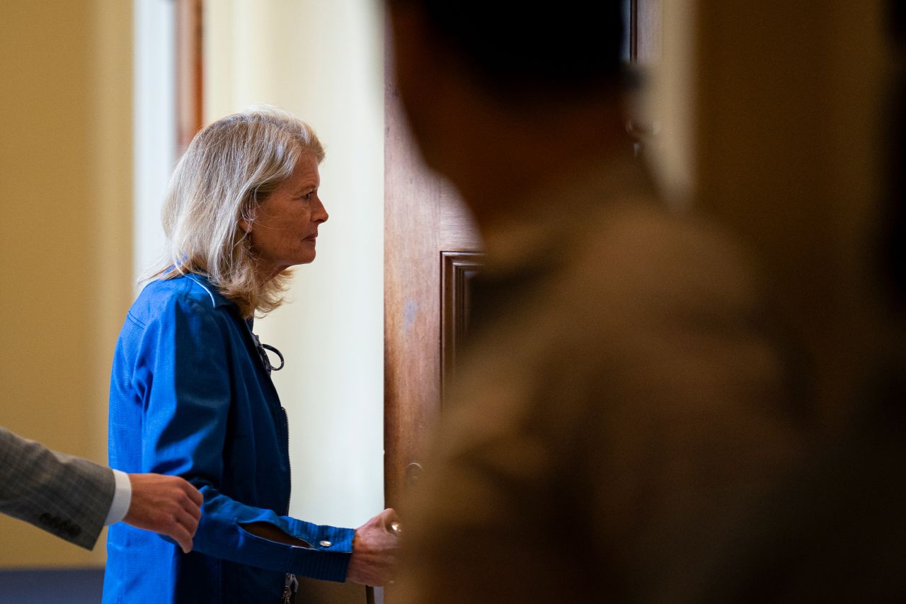 Sen. Lisa Murkowski arrives for a meeting with Senate Republicans in the US Capitol on June 28, in Washington, DC.