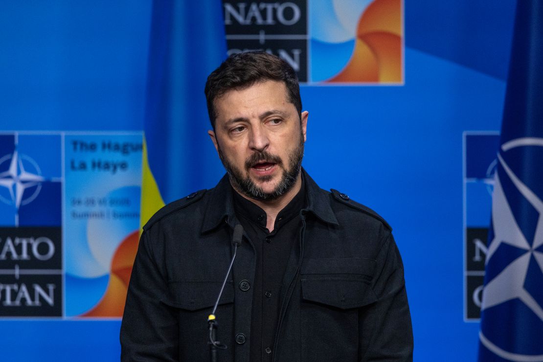 Ukrainian President Volodymyr Zelensky speaks during a press conference before a meeting during the NATO summit on June 24 in The Hague, Netherlands.