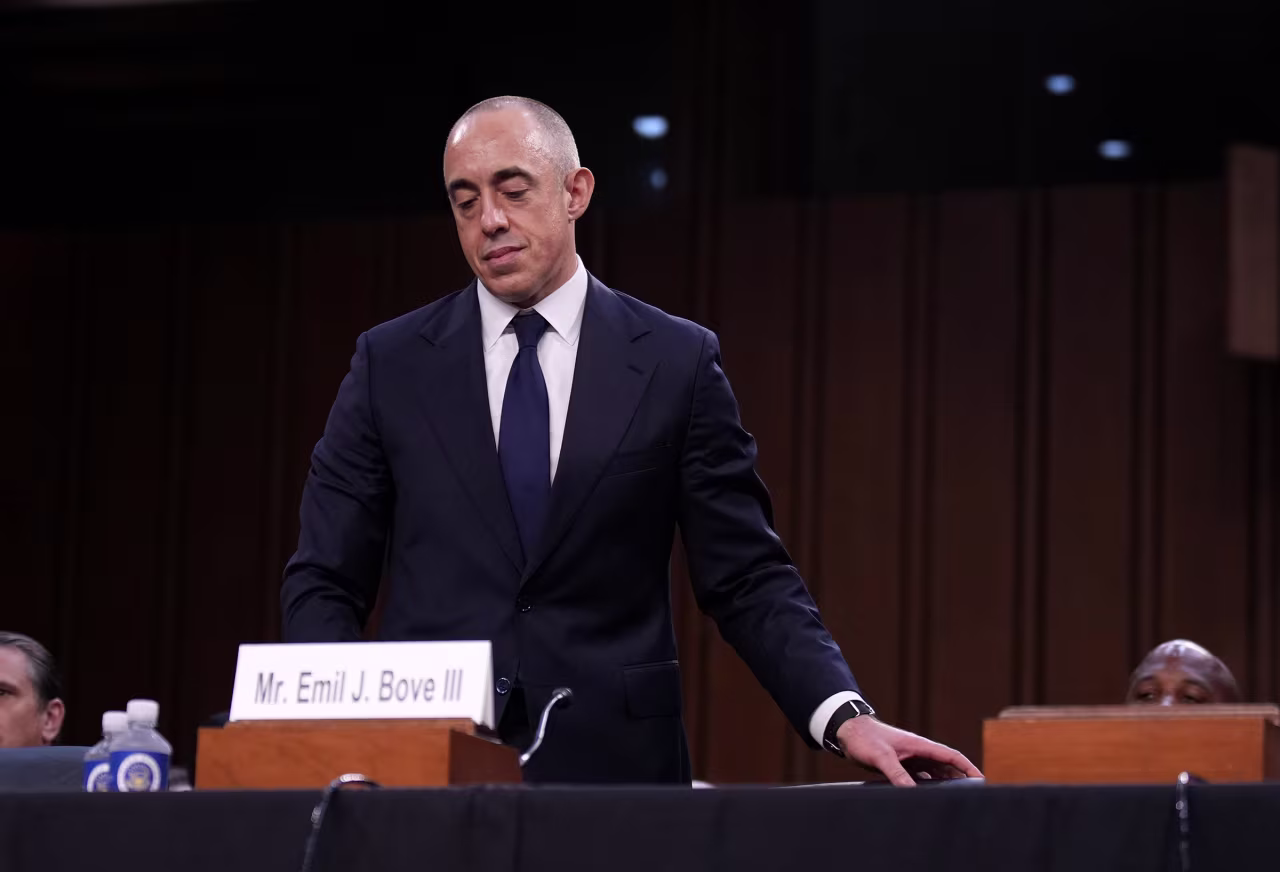 Emil Bove arrives to testify during his Senate Judiciary Committee nomination hearing in the Hart Senate Office Building on June 25 in Washington, DC.