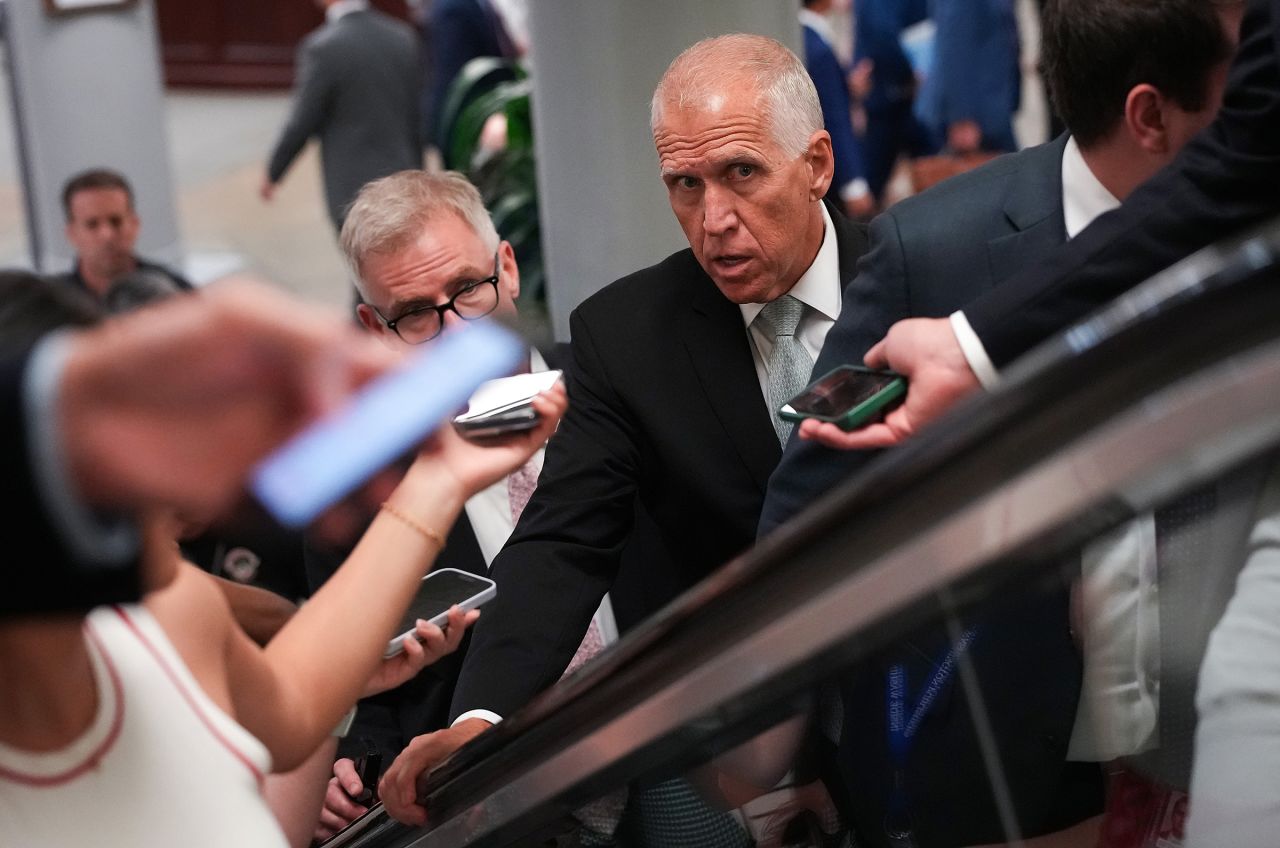 Sen. Thom Tillis talks to reporters as he walks to the Senate Chamber at the US Capitol on June 25 in Washington, DC.