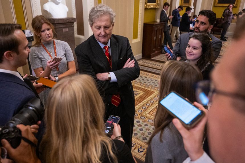 Sen. John Kennedy speaks to reporters outside the Senate Chamber at the US Capitol in Washington, DC, on June 30.